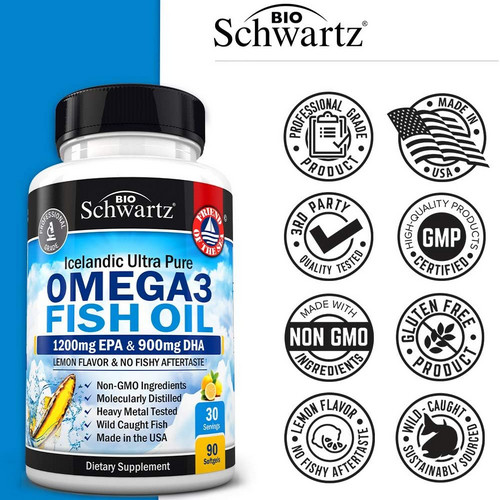 مكمل غذائي أوميغا 3 من زيت السمك 1200 مل جرام من EPA و 900 مل جرام من DHa عدد 90 كبسولة هلامية