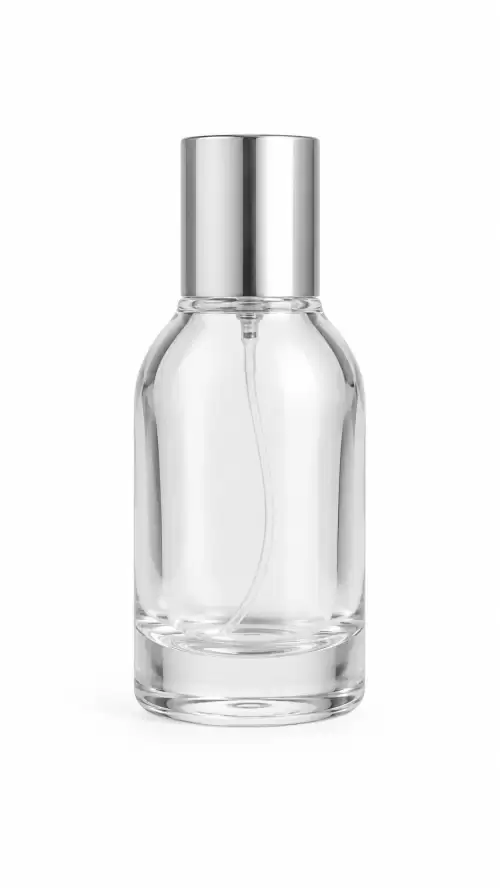زجاجة عطر زجاج شفافة بغطاء بخاخ فضي فاخر قابلة لإعادة التعبيئة (فك وتركيب) 50 مل