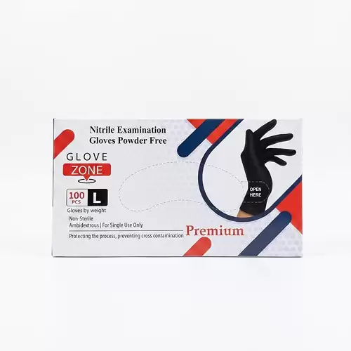 قفازات نيتريل سوداء فاخرة خالية من البودرة من Glove Zone Premium - علبة 100 قطعة (مقاس L)