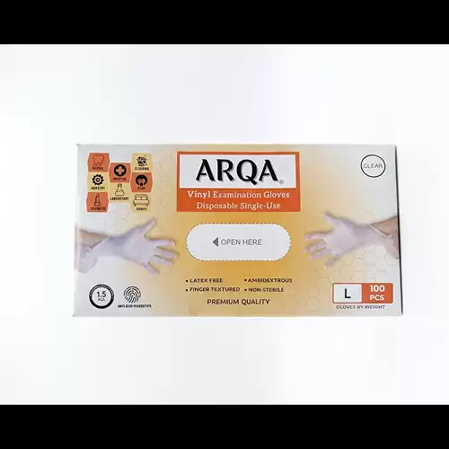 قفازات فحص فينيل طبية شفافة وخالية من اللاتكس من ARQA - علبة 100 قطعة (مقاس L)