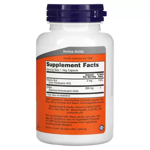 ناو فودز‏, حمض جاما أمينوبيوتيريك مع فيتامين ب-6، 500 ملجم، 100 كبسولة نباتية