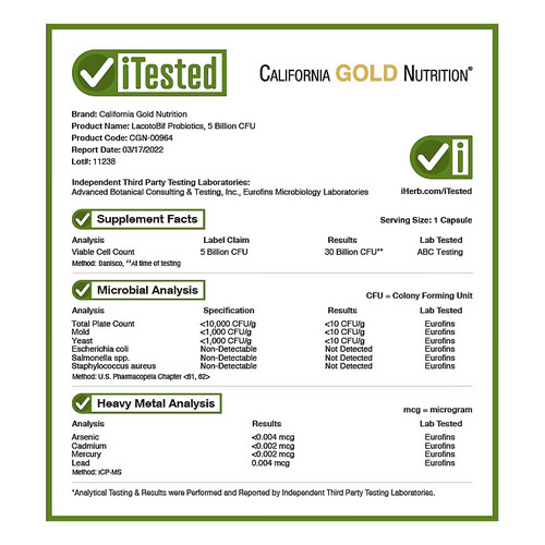 كاليفورنيا جولد نيوتريشن, بروبيوتيك LactoBif‏، 5 مليارات وحدة تشكيل مستعمرة 10 كبسولات نباتية