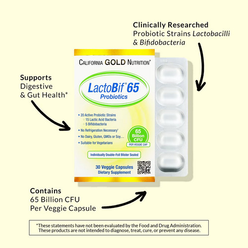 بروبيوتيك LactoBif 65‏ 65 مليار وحدة تشكيل مستعمرة من كاليفورنيا جولد نيوتريشن‏ 30 كبسولة نباتية