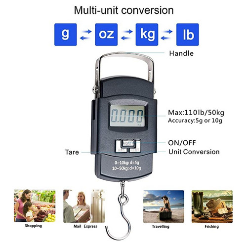 ميزان إلكتروني محمول باليد للسفر مزود بشاشة LCD رقمية