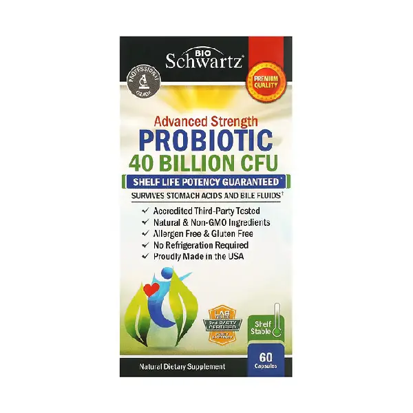 BIO SCHWARTZ Advanced strength probiotic 40 billion cfu 60 cap .البروبيوتيك لتحسين صحة الجهاز الهضمى والجهاز المناعى