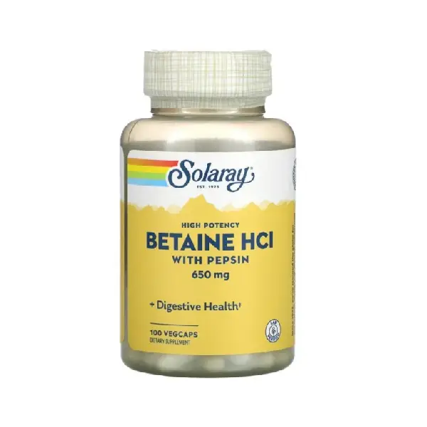 Solaray BATAINE HCL With Pepsin 650 mg 100 Veg Capsules البيبسين لتعزيز الهضم