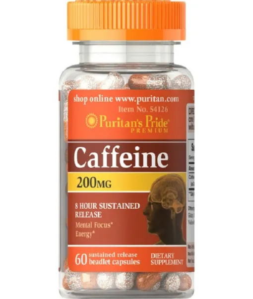 Puritans Pride Caffeine 200 mg 8-Hour Sustained Release 60 Capsules كبسولات الكافين لـ8 ساعات متواصلة لتعزيز الطاقة