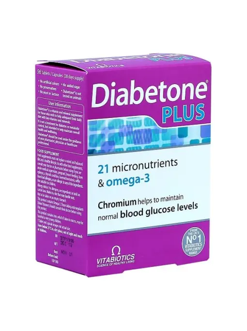 Vitabiotics Diabetone Plus Omega-3 , 56-Tablets فيتابيوتكس ديابيتون بلس أوميجا 3 لضبط مستوى السكري