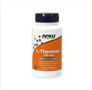 NOW® L-Theanine 100 mg with Decaf Green Tea 90 Veg Capsules للتحكم في الإجهاد ويعزز الإسترخاء