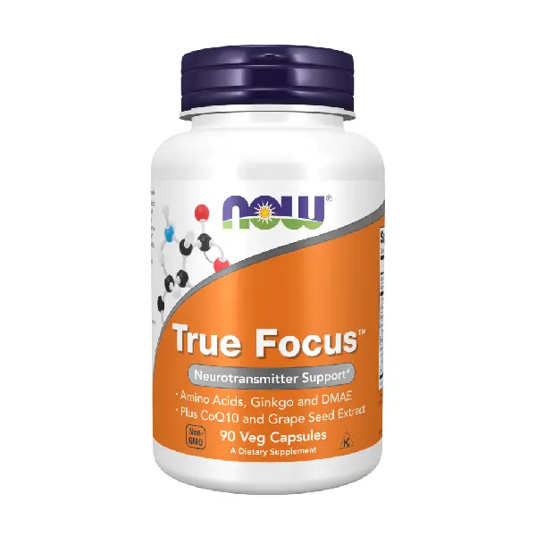 Now True Focus Neurotransmitter Support Amino Acids, Ginkgo and DMAE Plus CoQ10 and Grape Seed Extract GMO 90 Veg Capsules