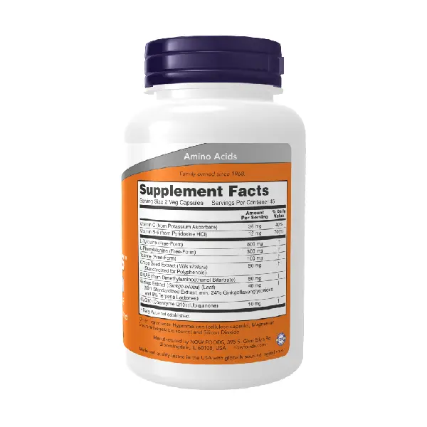 Now True Focus Neurotransmitter Support Amino Acids, Ginkgo and DMAE Plus CoQ10 and Grape Seed Extract GMO 90 Veg Capsules