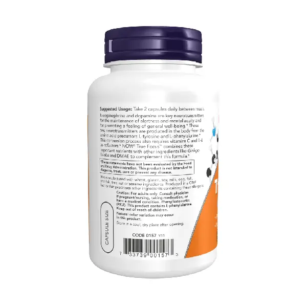 Now True Focus Neurotransmitter Support Amino Acids, Ginkgo and DMAE Plus CoQ10 and Grape Seed Extract GMO 90 Veg Capsules