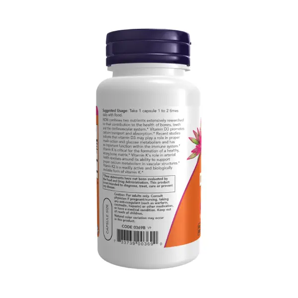 NOW® Vitamin D3 & K2 1000 iu 120 Veg Capsules لدعم صحة العظام والأسنان