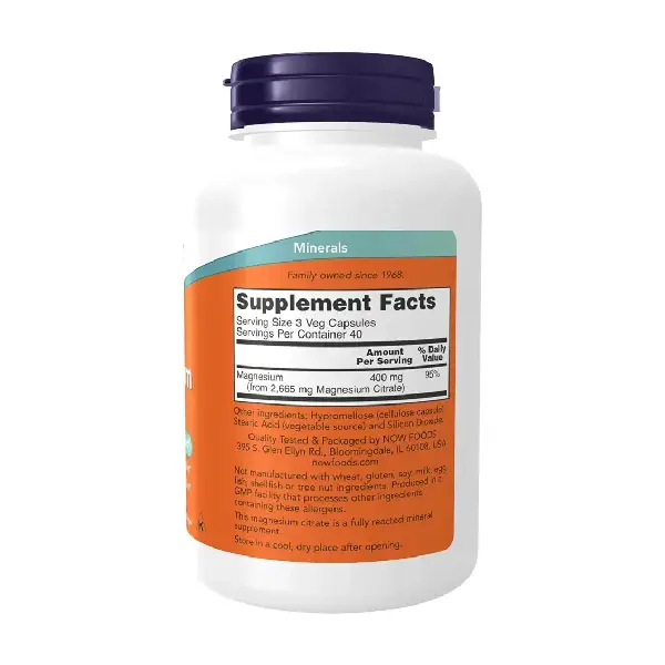 Now Magnesium Citrate 120 Veg Capsules 400 mg مكمل غذائي لدعم إنتاج الطاقة