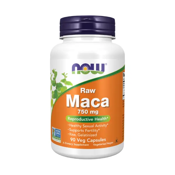 NOW Maca 750 mg Raw 90 Veg Capsules لدعم التوازن الهرموني والصحة الإنجابية للذكور والإناث