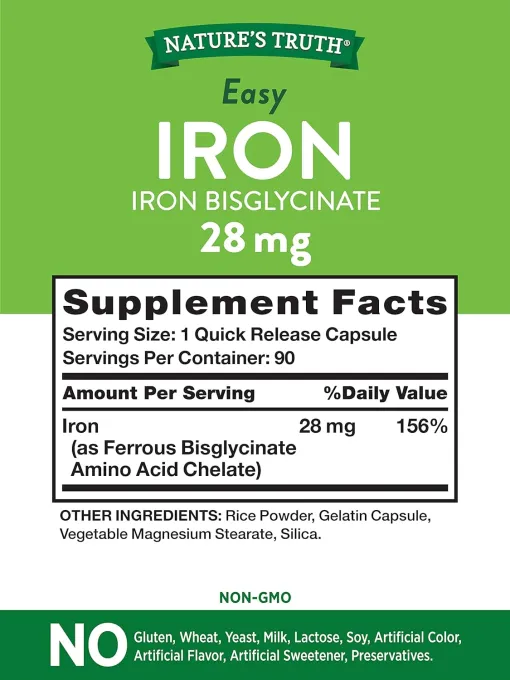 Nature’s Truth Easy Iron, 28 mg, 90 Capsules مكمل غذائي لعلاج فقر الدم والأنيميا